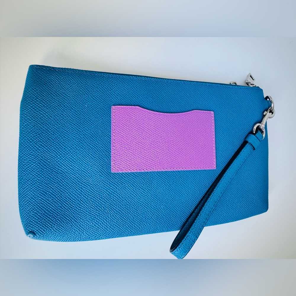 Coach Colorblock Leather Wristlet Wallet Blue Purple Zip Clutch Pouch - Picture 6 of 11